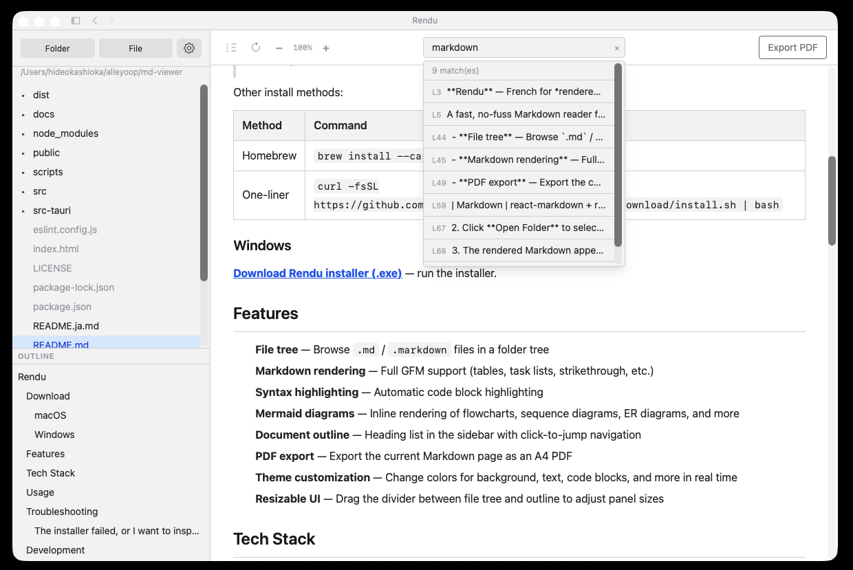 Rendu — File tree and search